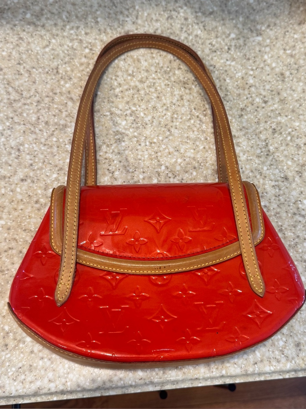 Louis Vuitton Biscayne orange Vernis Patent Leather Shoulder Bag with Tan Trim